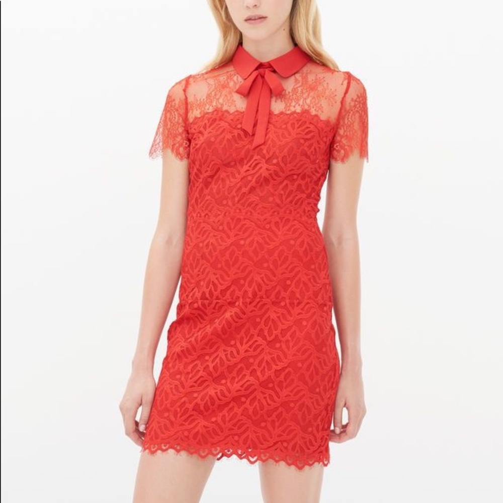 SANDRO PARIS RED ROZEN LACE BOW DRESS